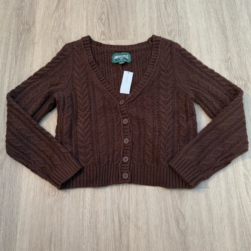 NWT American Eagle Medium Women’s Brown V-Neck Cable Knit Cardigan Sweater